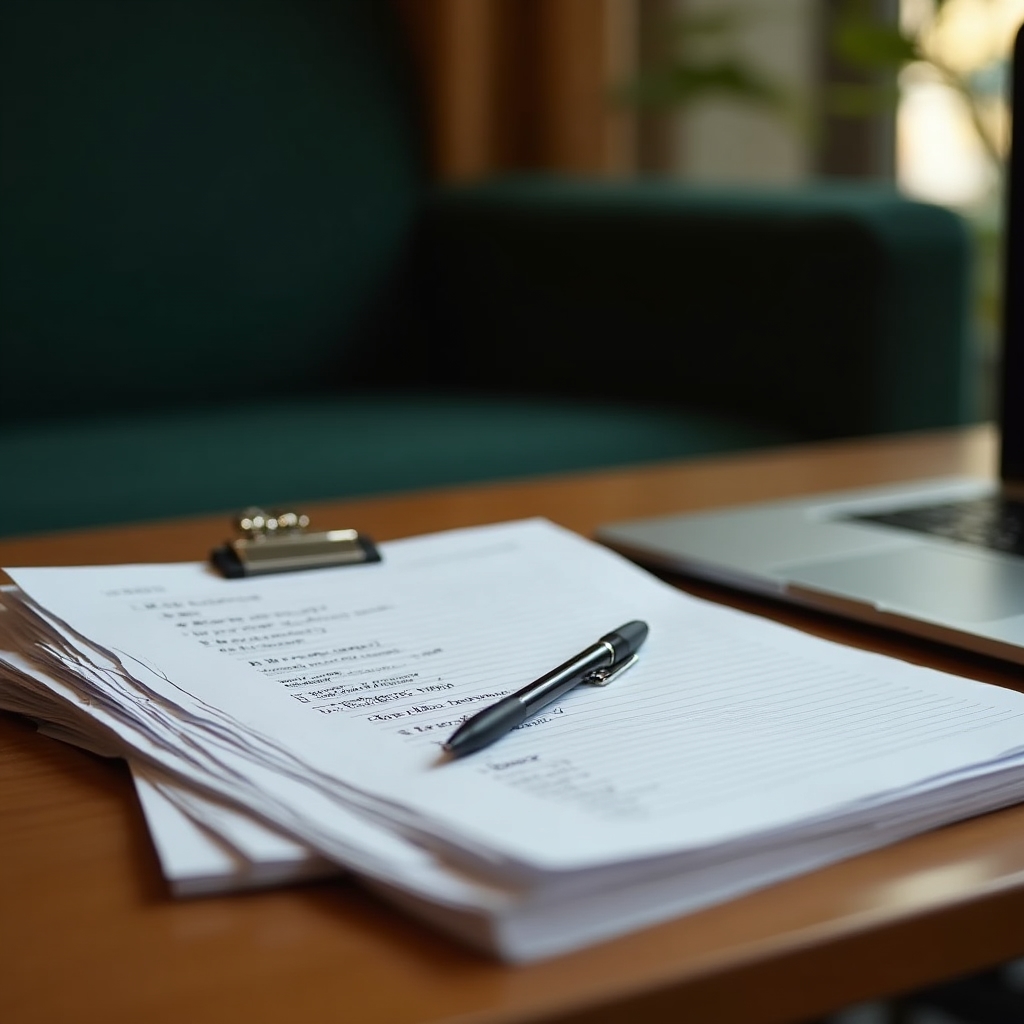 Materiały do samodzielnej pracy rozłożone na biurku obok laptopa